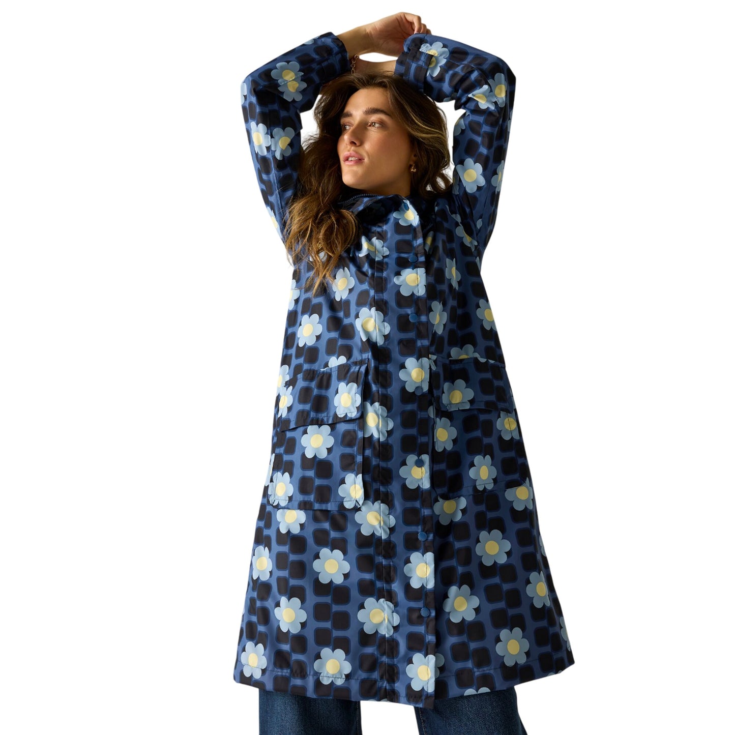 Blue - Lifestyle - Regatta Womens-Ladies Orla Kiely Floral Long Length Waterproof Jacket