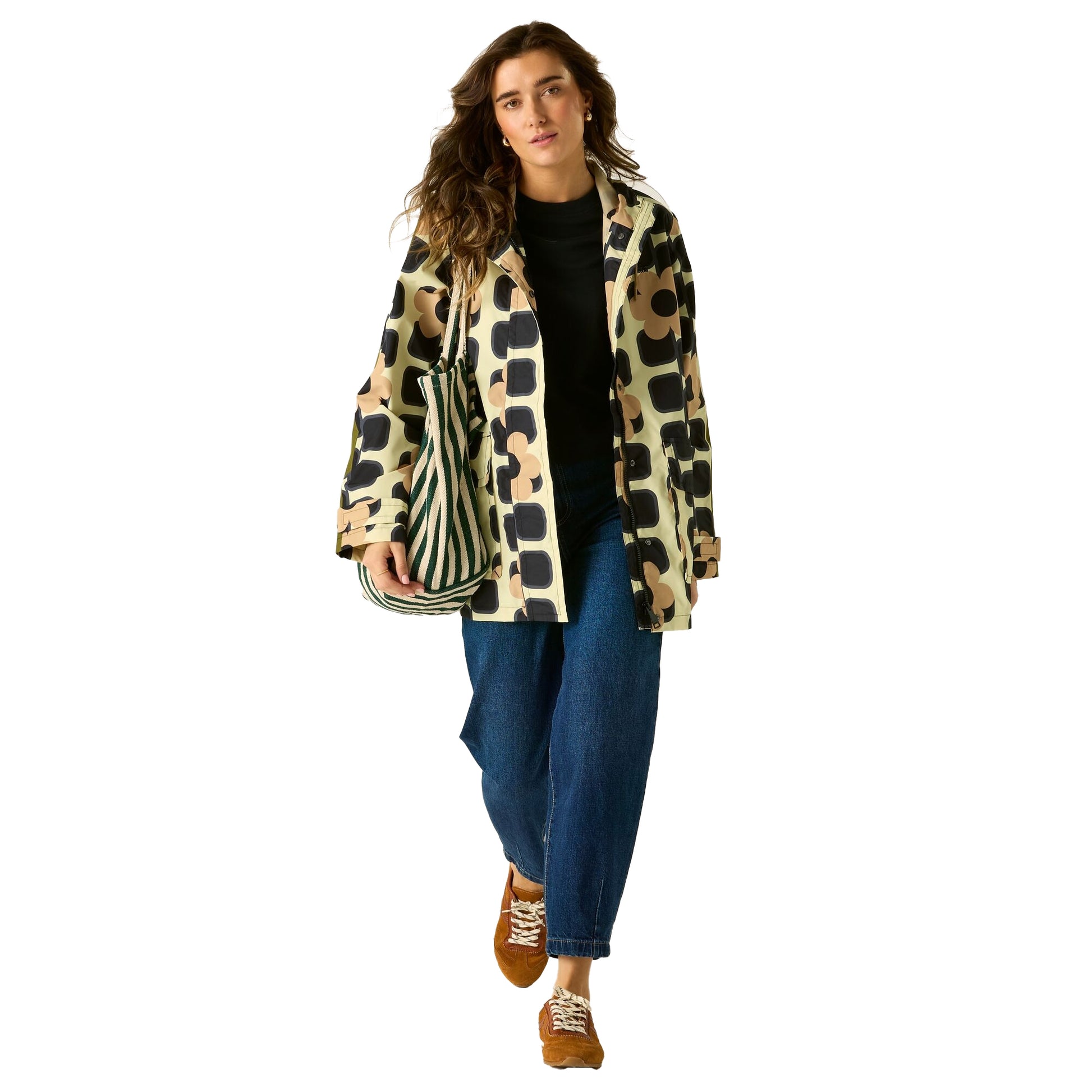 Monochrome - Close up - Regatta Womens-Ladies Orla Kiely Giant Square Flower Mid Length Waterproof Jacket