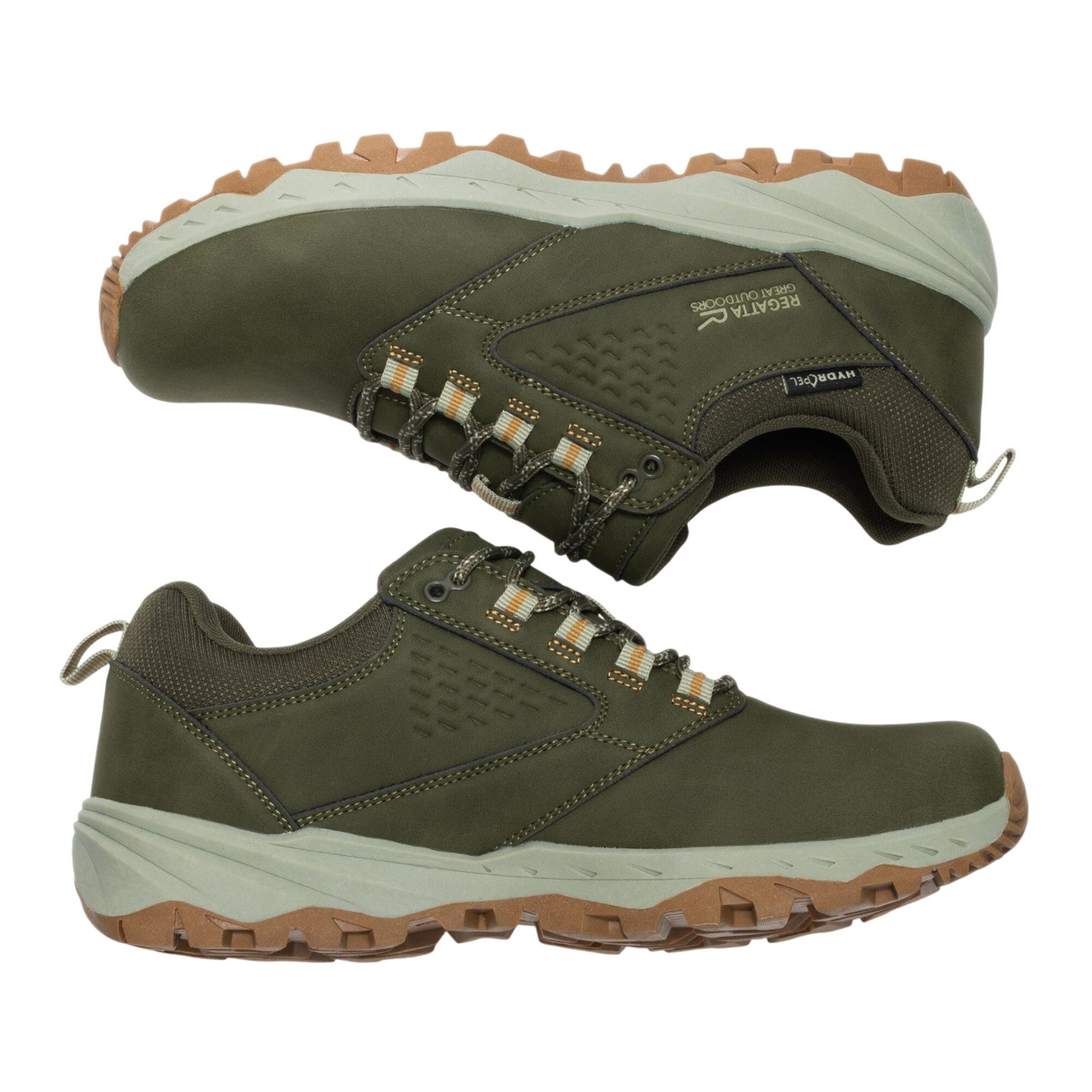 Dark Khaki-Wood Brown - Close up - Regatta Mens Amble Waterproof Low Cut Walking Shoes