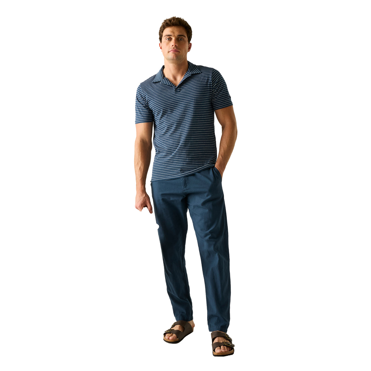 Moonlight Denim-White - Pack Shot - Regatta Mens Hadvo Stripe Polo Shirt