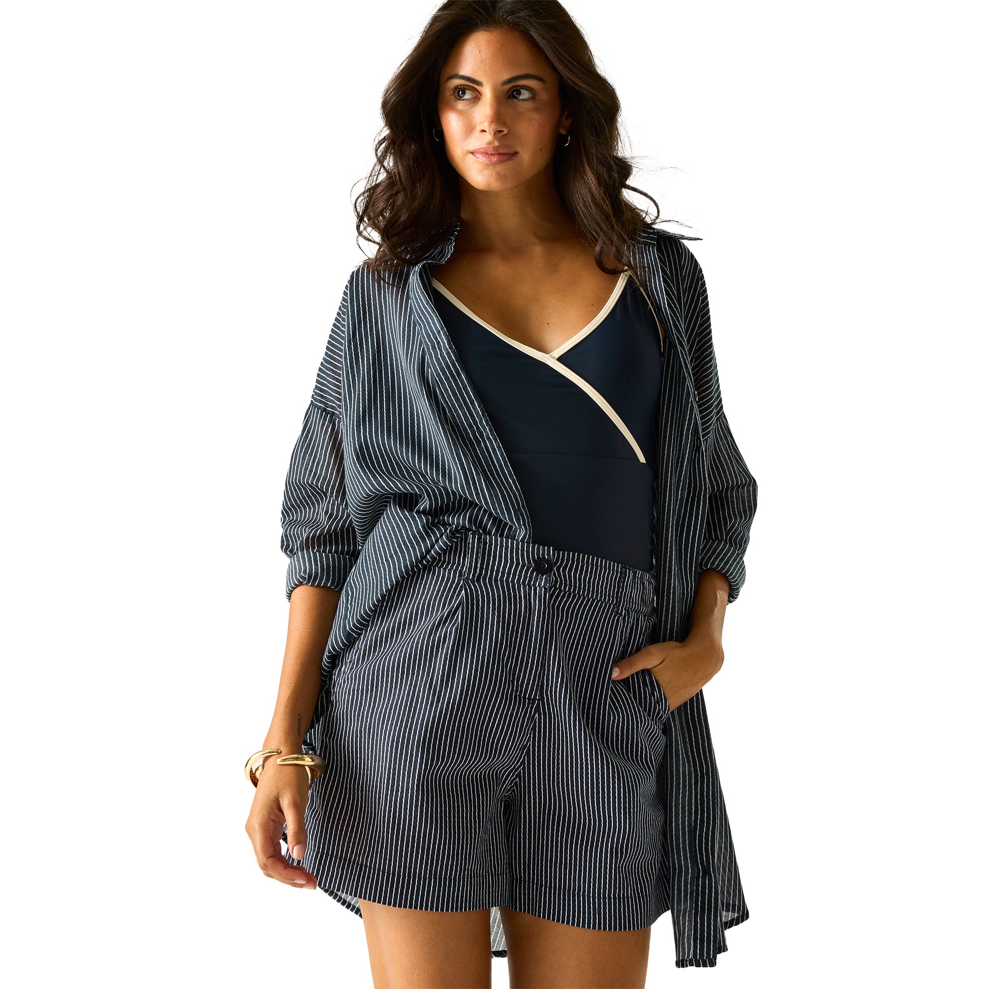 Navy-White - Lifestyle - Regatta Womens-Ladies Sabelle Vertical Stripe Casual Shorts