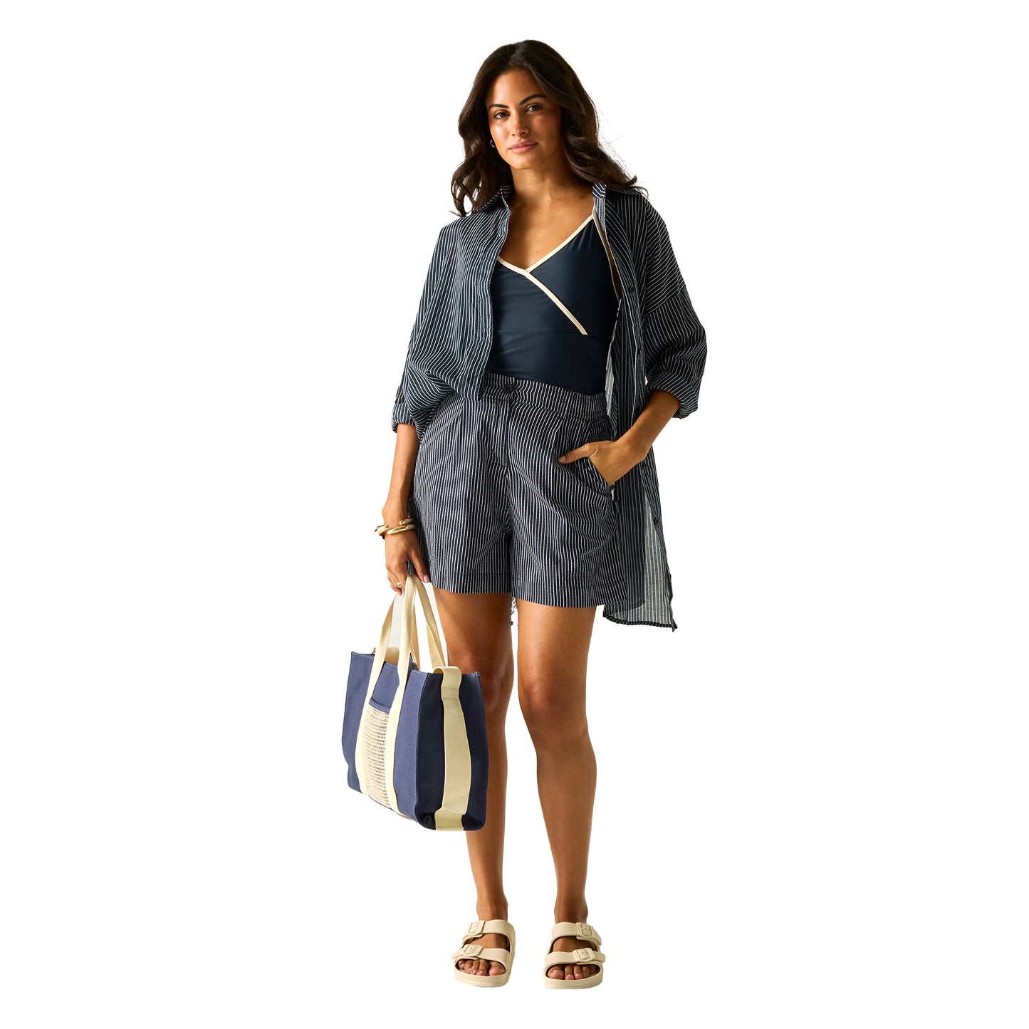 Navy-White - Pack Shot - Regatta Womens-Ladies Sabelle Vertical Stripe Casual Shorts