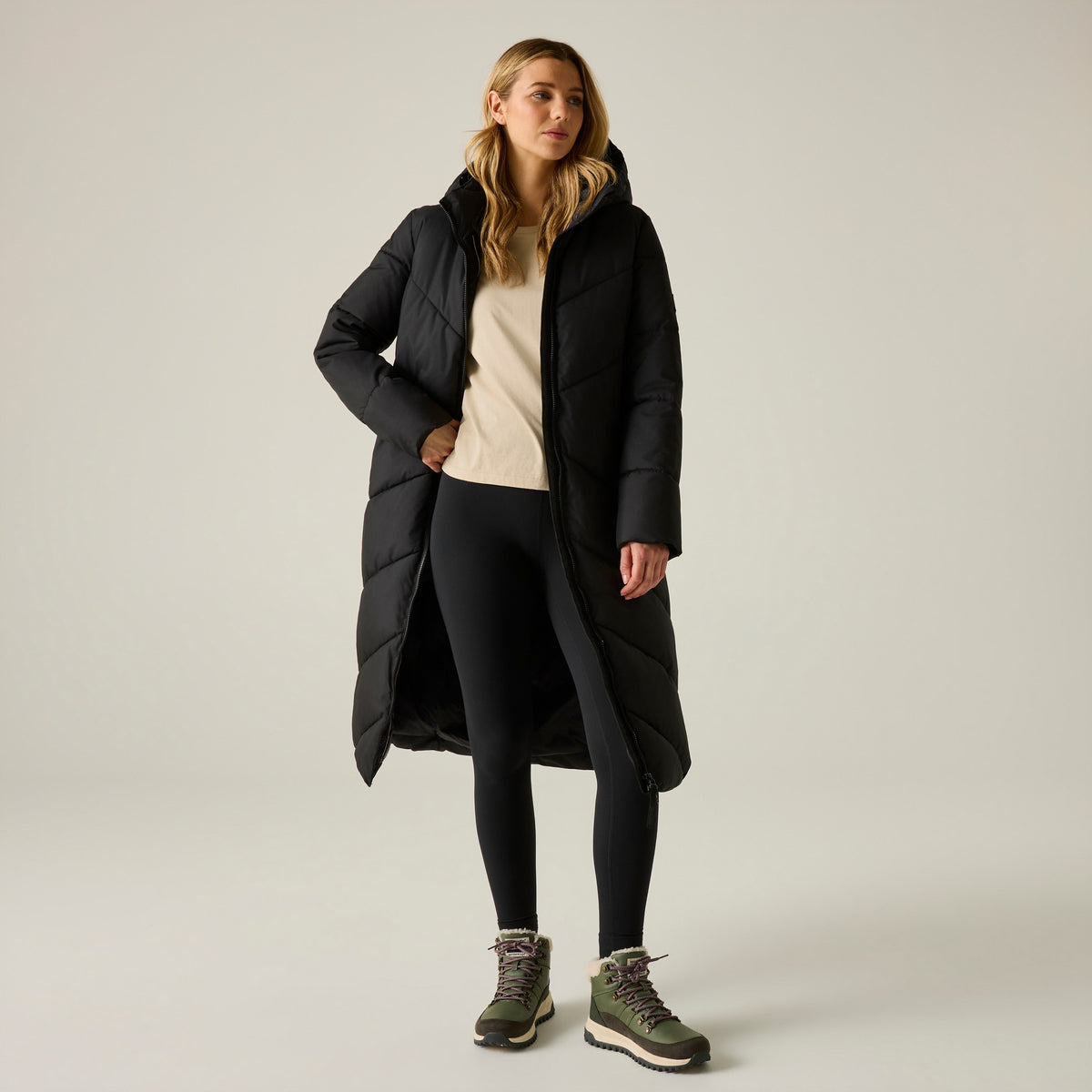 Black - Pack Shot - Regatta Womens-Ladies Merida Long Length Padded Jacket
