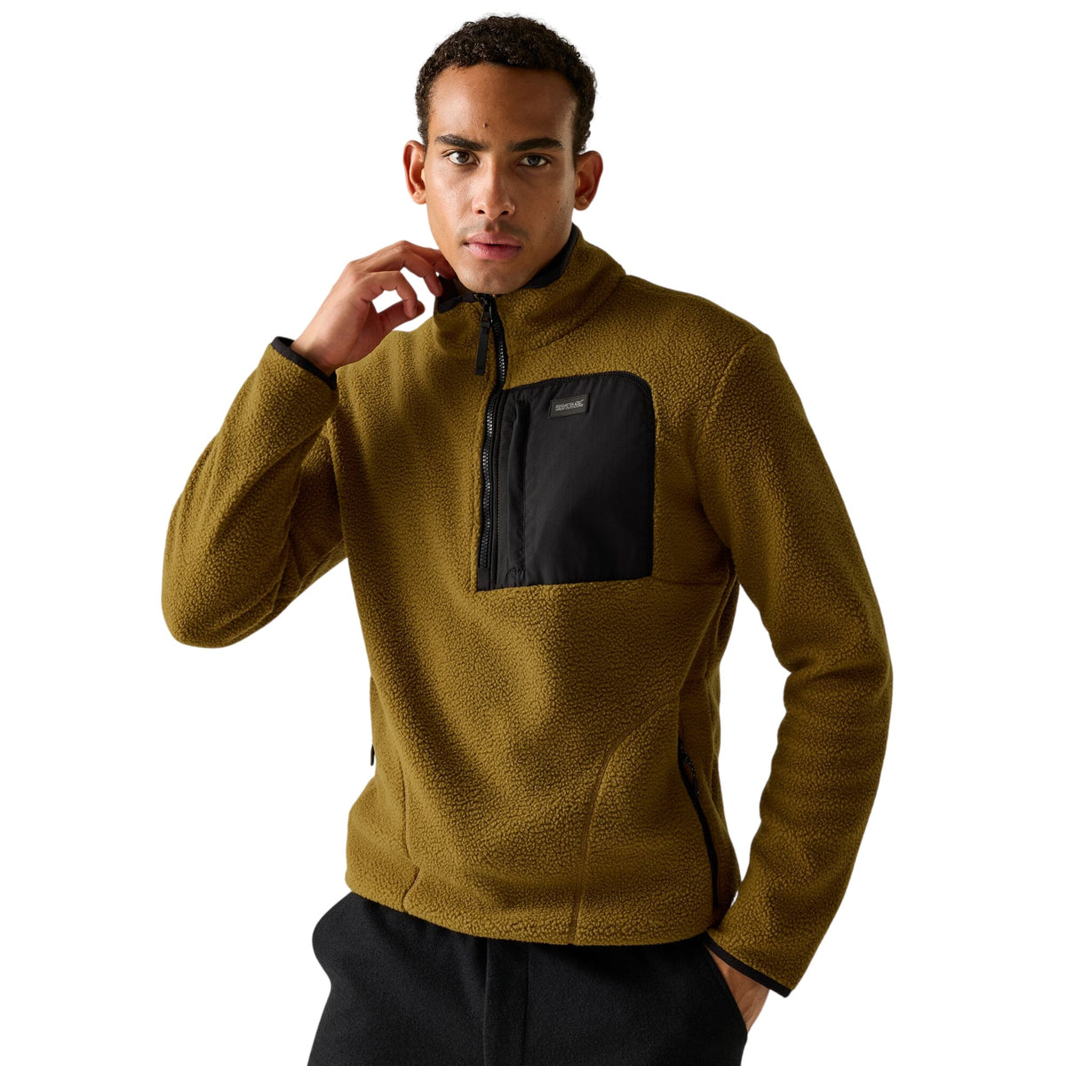 Rich Tan-Black - Close up - Regatta Mens Frankie Borg Quarter Zip Fleece Jacket