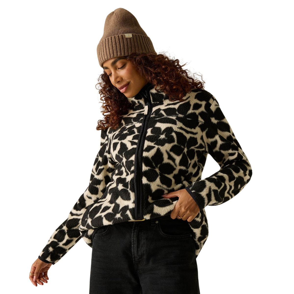 Monochrome-Shadow - Pack Shot - Regatta Womens-Ladies Frankie Floral Borg Full Zip Fleece Jacket
