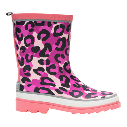 Pink Lemonade - Front - Regatta Childrens-Kids Mudplay III Leopard Print Wellington Boots