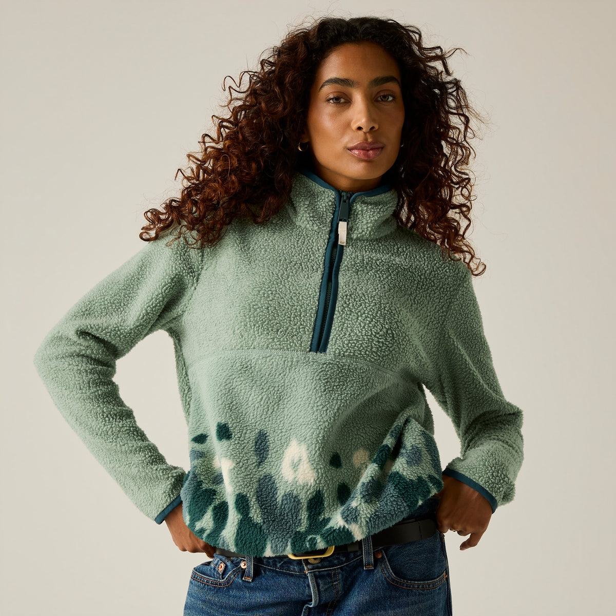 Glacier Green - Close up - Regatta Womens-Ladies Frankie Leopard Camo Borg Half Zip Fleece Top