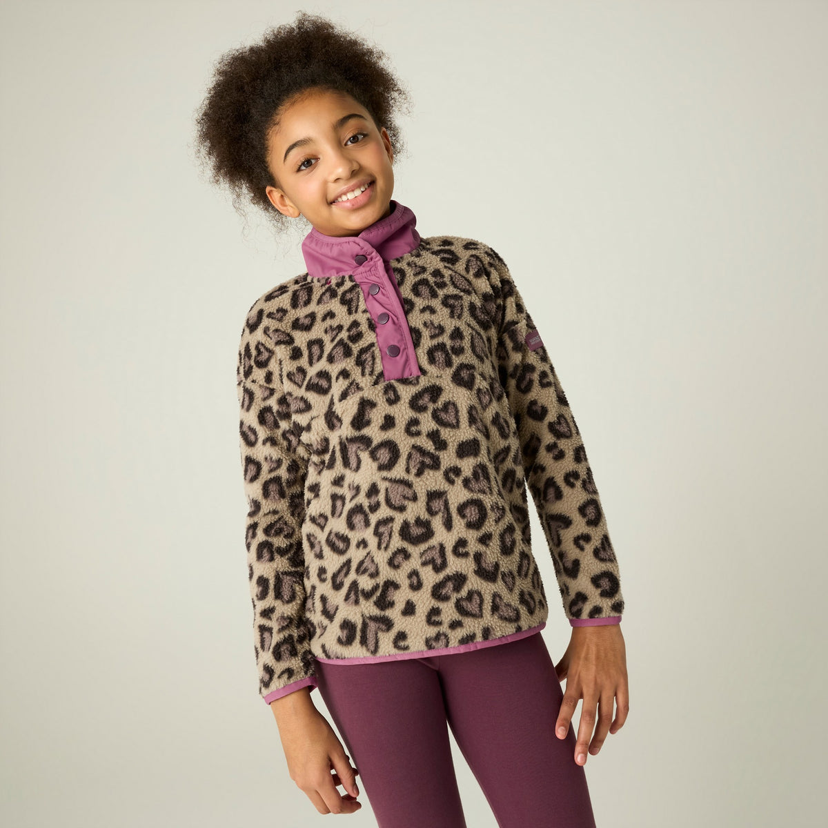 Mocha-Violet - Pack Shot - Regatta Childrens-Kids Eva Leopard Print Buttoned Fleece Top