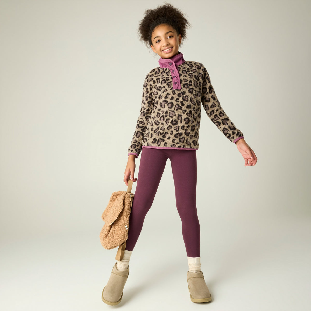 Mocha-Violet - Close up - Regatta Childrens-Kids Eva Leopard Print Buttoned Fleece Top
