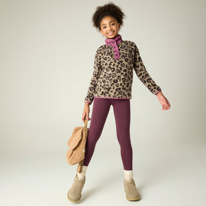 Mocha-Violet - Close up - Regatta Childrens-Kids Eva Leopard Print Buttoned Fleece Top