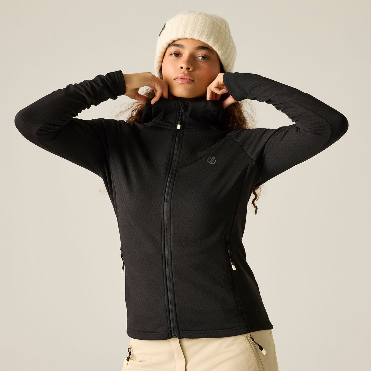 Black - Close up - Dare 2B Womens-Ladies Ventura Stretch Hooded Midlayer