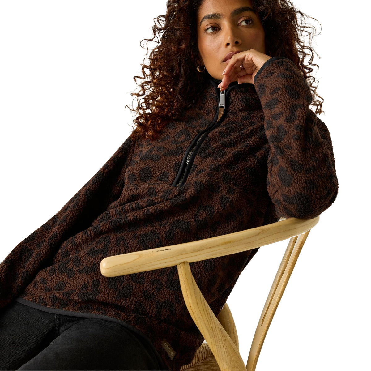 Brown-Black - Close up - Regatta Womens-Ladies Frankie Leopard Print Borg Half Zip Fleece