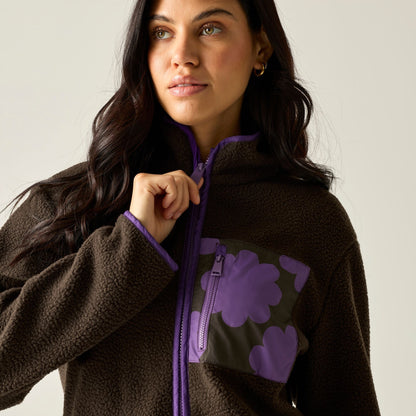 Chocolate Brown - Pack Shot - Regatta Womens-Ladies Orla Kiely Sun Daisy Borg Full Zip Fleece Jacket