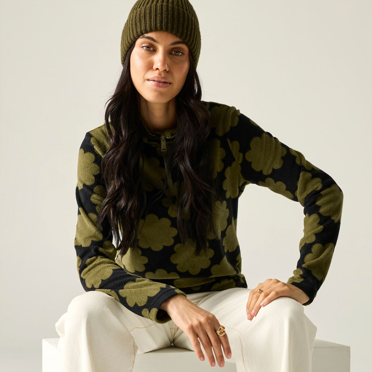 Olive - Close up - Regatta Womens-Ladies Orla Kiely Sun Daisy Half Zip Fleece