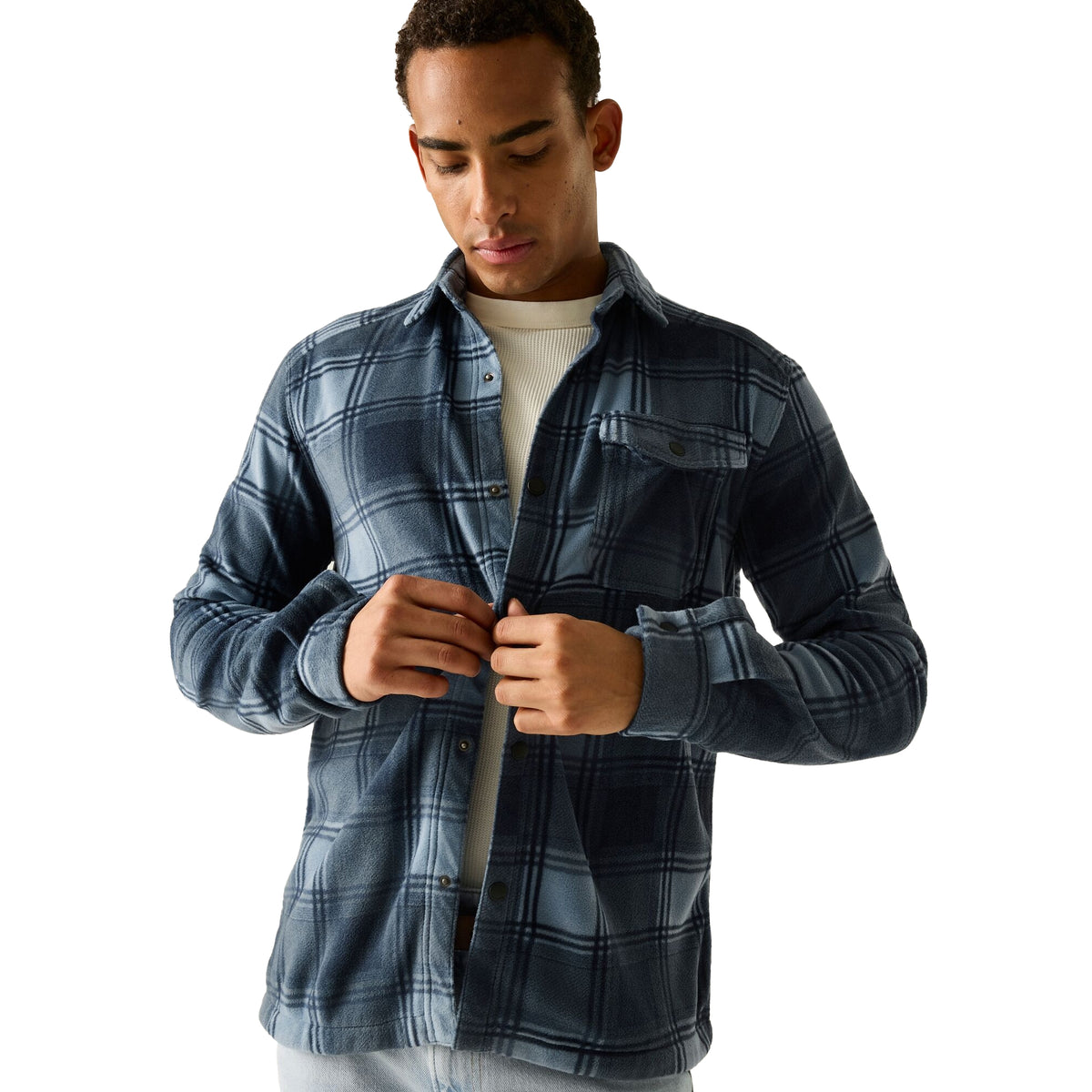 Dusky Blue-Grey Mirage - Close up - Regatta Mens Frankie Checked Fleece Shirt