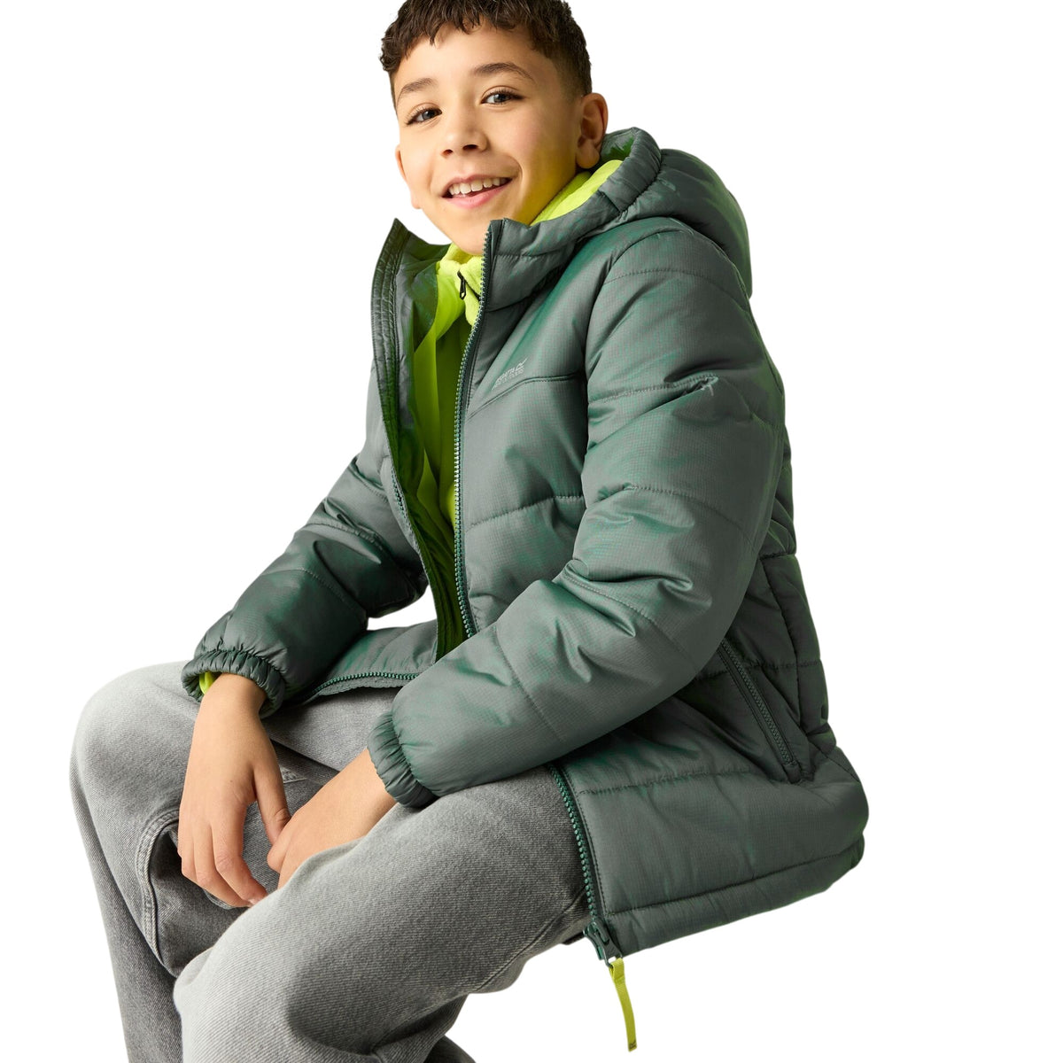 Dark Forest Green-Wild Lime - Pack Shot - Regatta Childrens-Kids Lofthouse Plain Padded Jacket