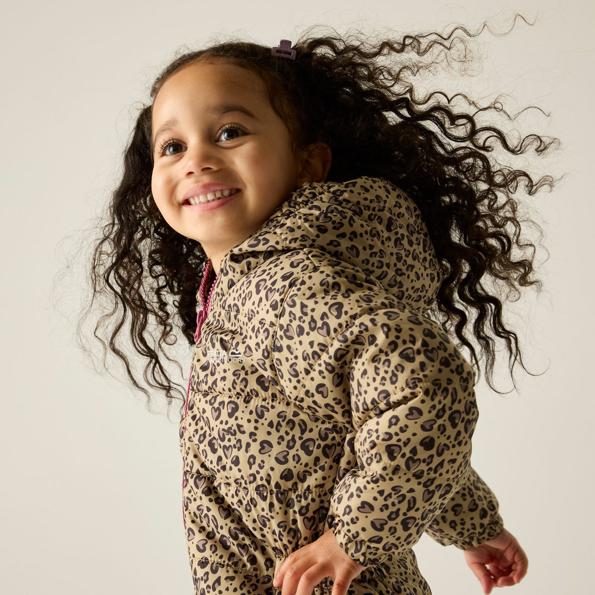 Beige-Dark Brown-Violet - Pack Shot - Regatta Childrens-Kids Penrose Heart Leopard Print Quilted Puddle Suit