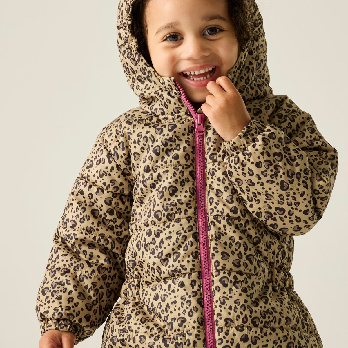 Beige-Dark Brown-Violet - Close up - Regatta Childrens-Kids Penrose Heart Leopard Print Quilted Puddle Suit