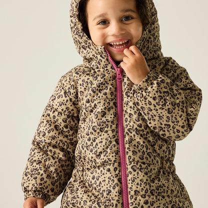Beige-Dark Brown-Violet - Close up - Regatta Childrens-Kids Penrose Heart Leopard Print Quilted Puddle Suit