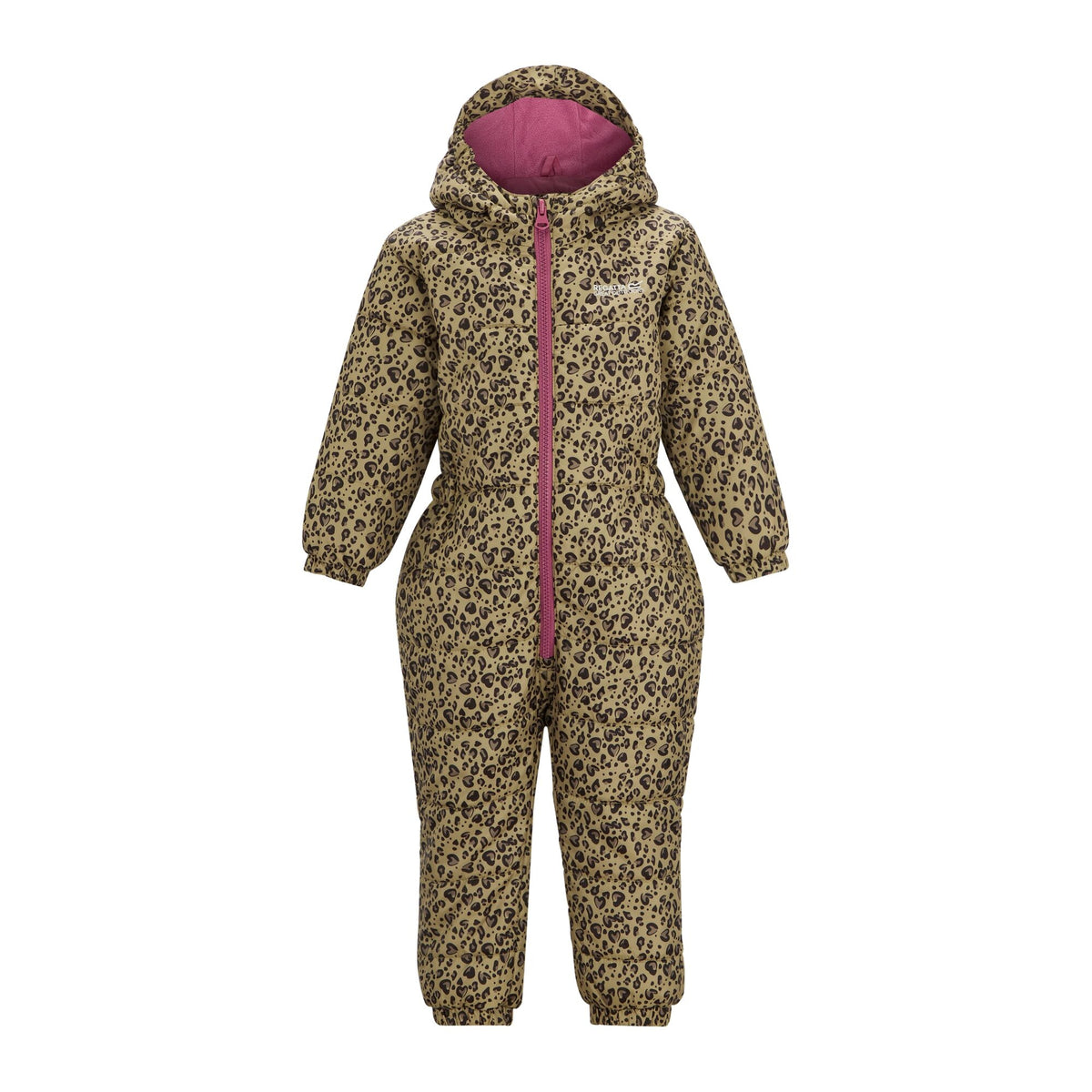Beige-Dark Brown-Violet - Front - Regatta Childrens-Kids Penrose Heart Leopard Print Quilted Puddle Suit