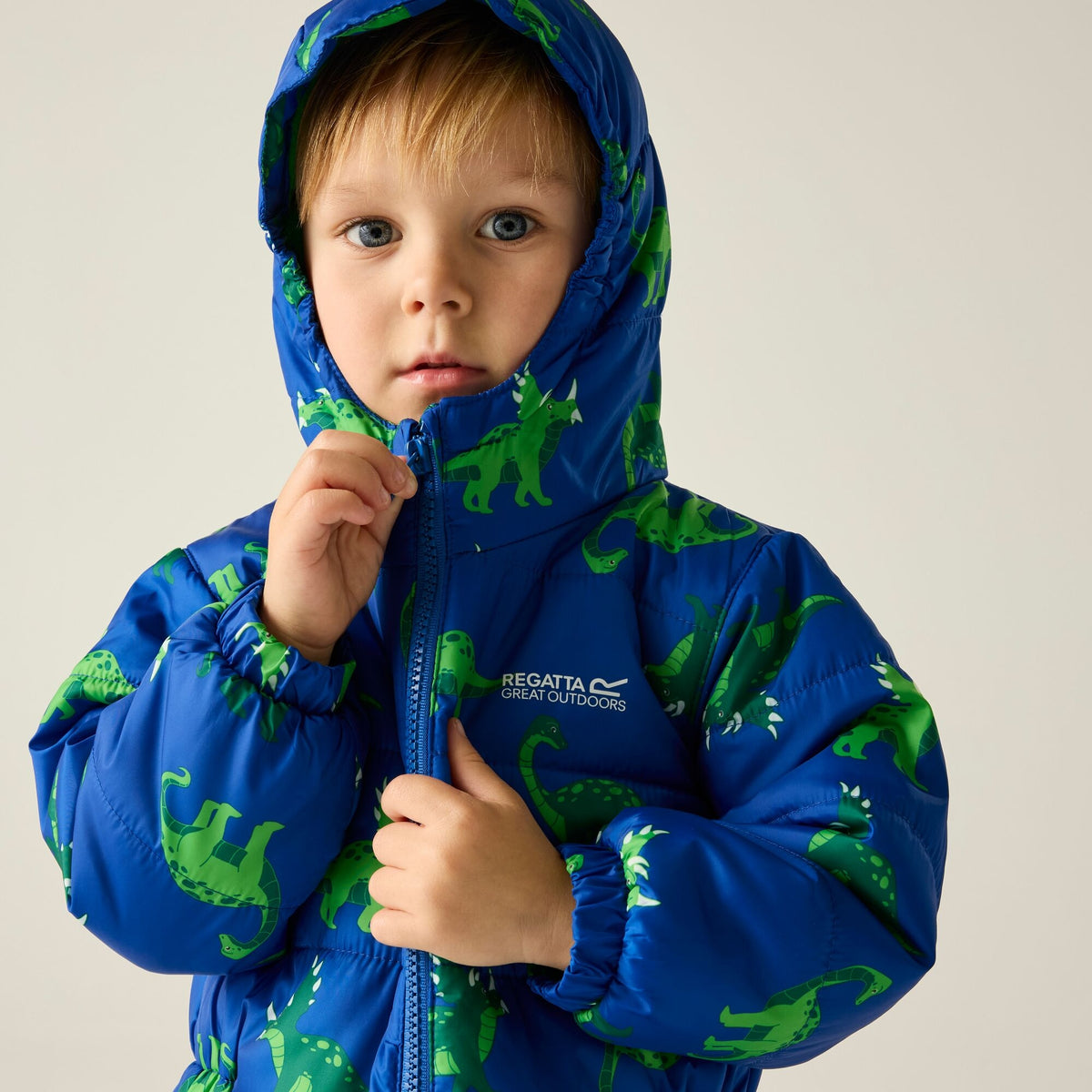 Olympian Blue - Pack Shot - Regatta Childrens-Kids Penrose Dinosaur Quilted Puddle Suit
