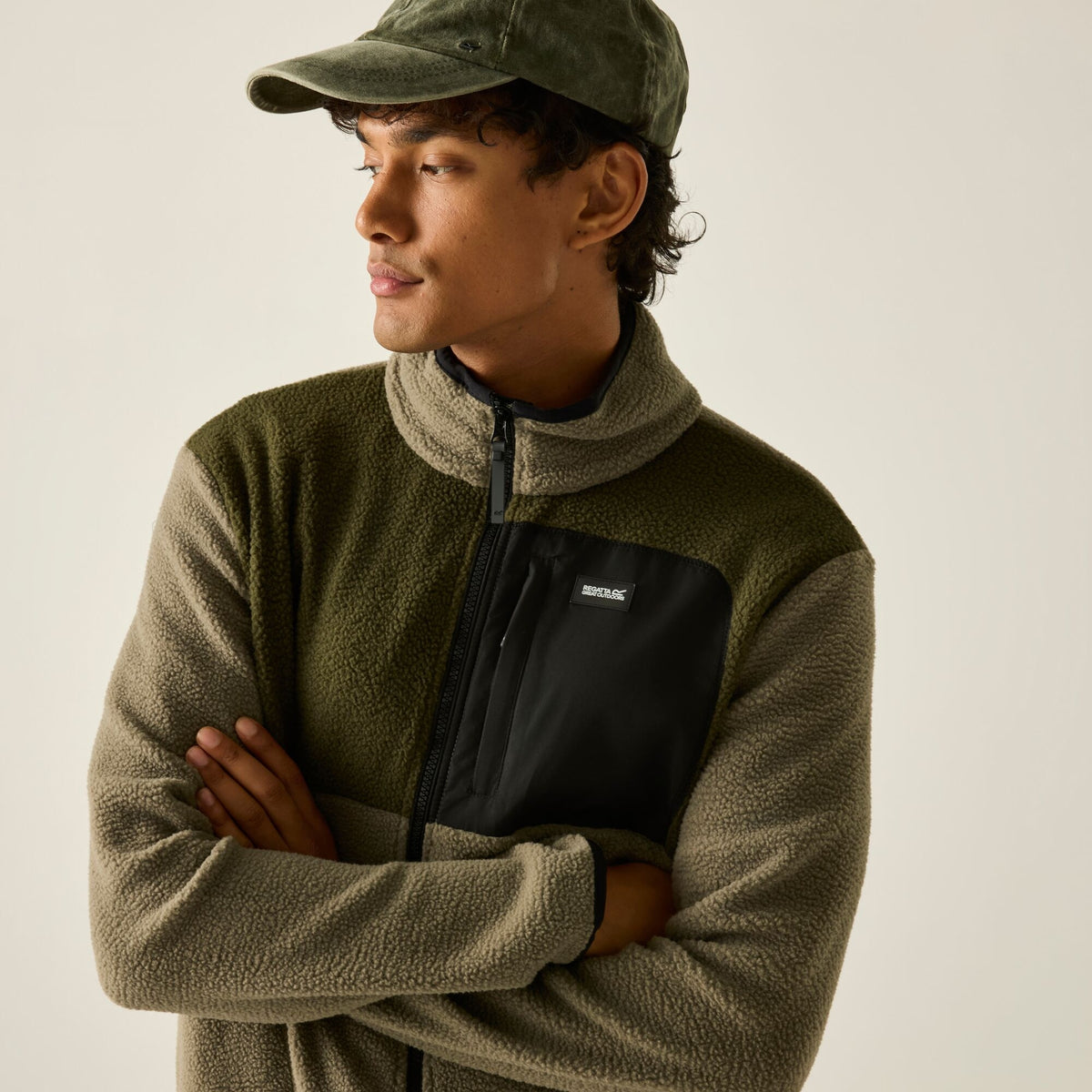 Smokey Olive-Dark Khaki - Pack Shot - Regatta Mens Frankie Colour Block Borg Fleece Jacket