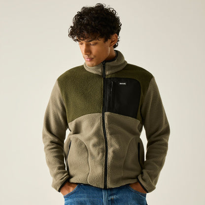 Smokey Olive-Dark Khaki - Close up - Regatta Mens Frankie Colour Block Borg Fleece Jacket