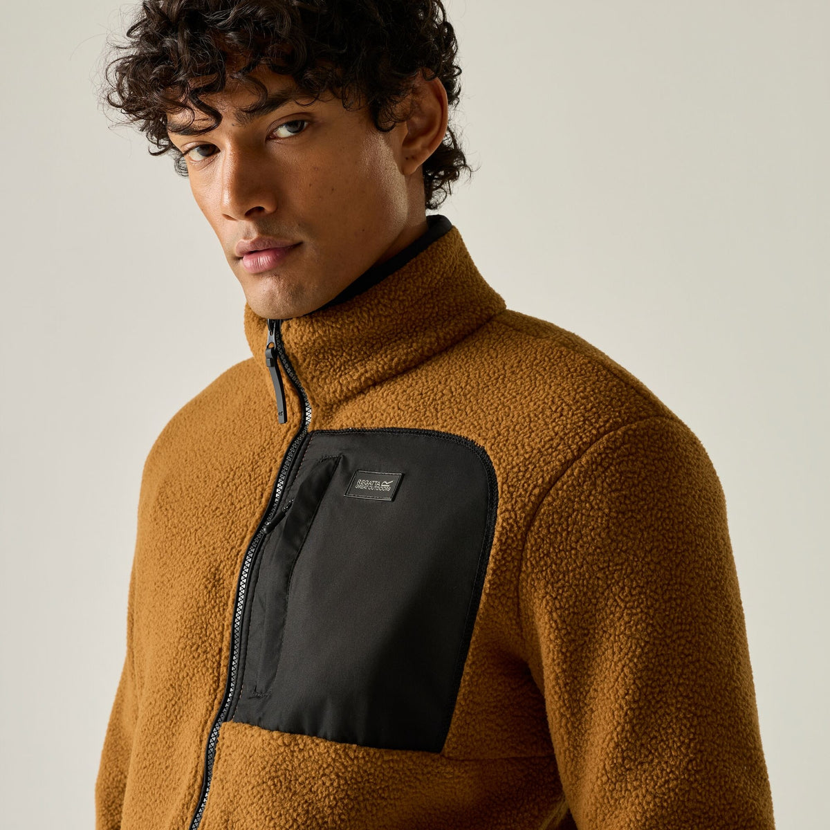 Rich Tan-Black - Pack Shot - Regatta Mens Frankie Borg Fleece Jacket