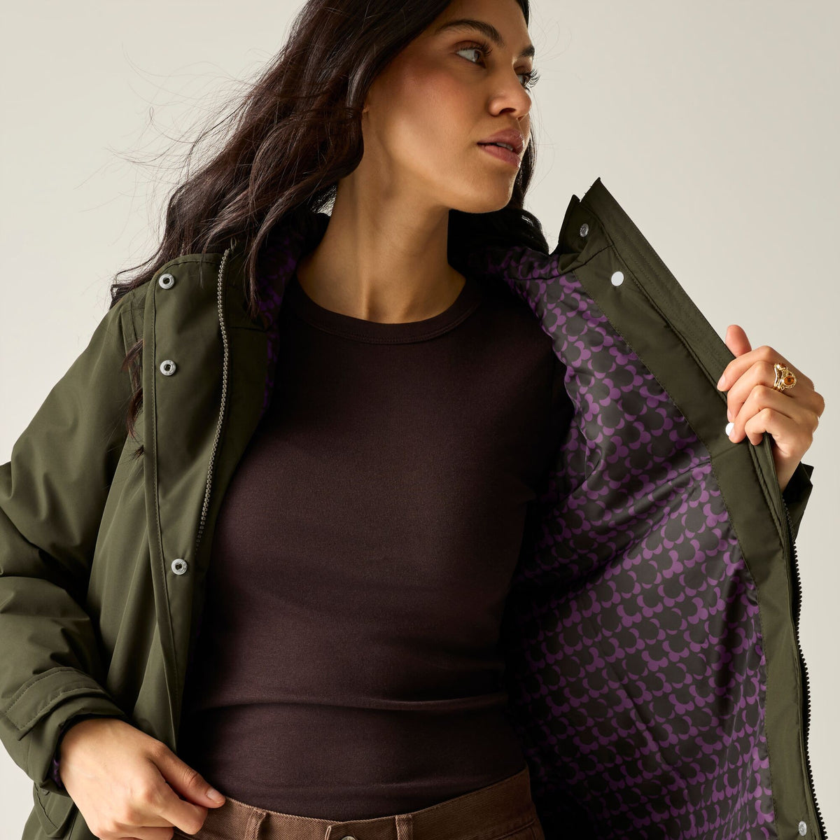 Brown Shadow-Eccentric Purple - Side - Regatta Womens-Ladies Orla Kiely Insulated Waterproof Jacket