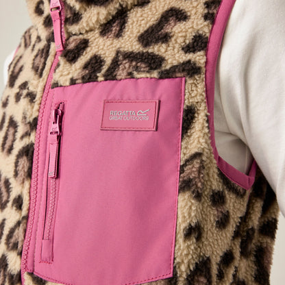 Mocha-Violet - Pack Shot - Regatta Childrens-Kids Frankie Leopard Print Fleece Body Warmer