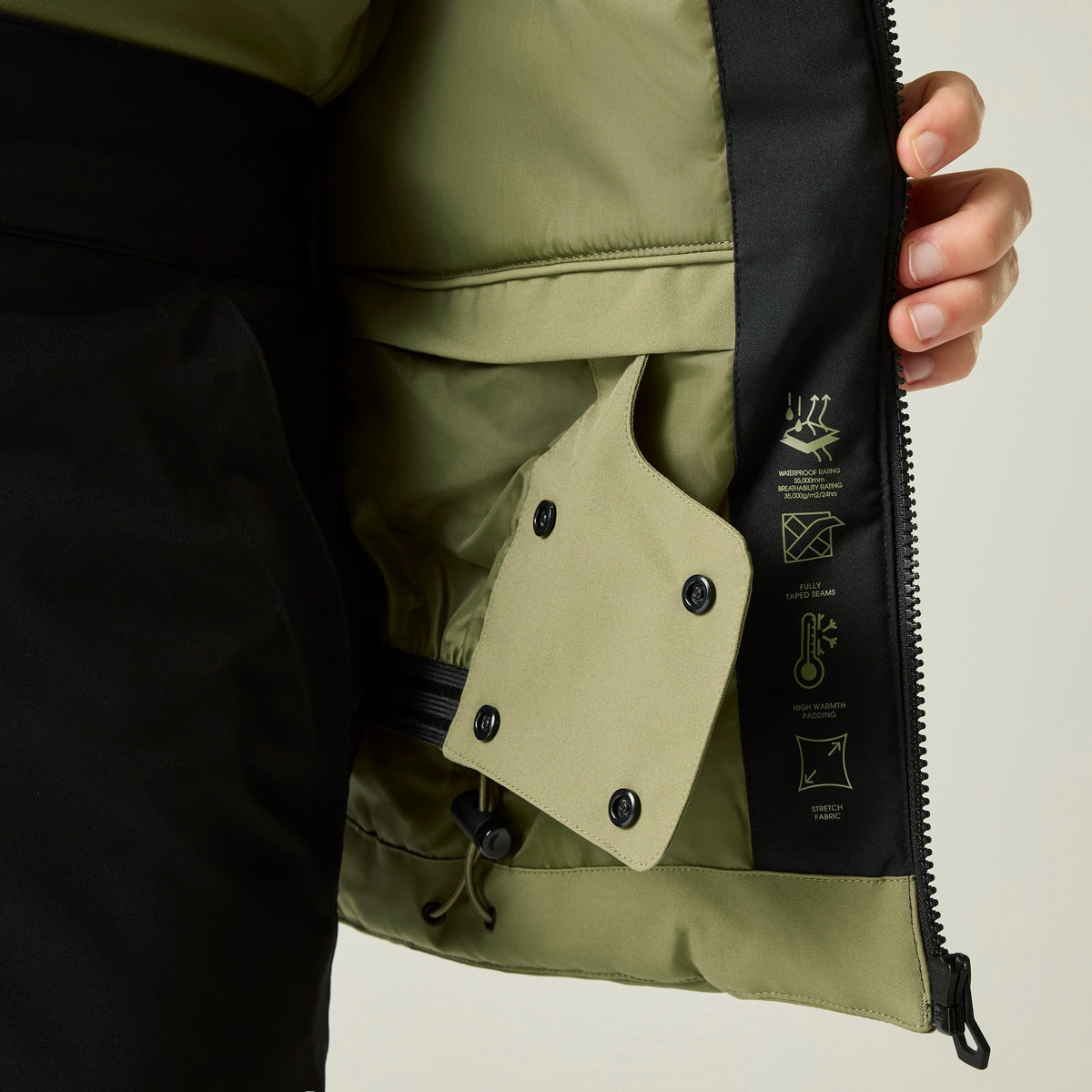Black-Martini Olive - Close up - Dare 2B Mens Halfpipe IV Colour Block Ski Jacket