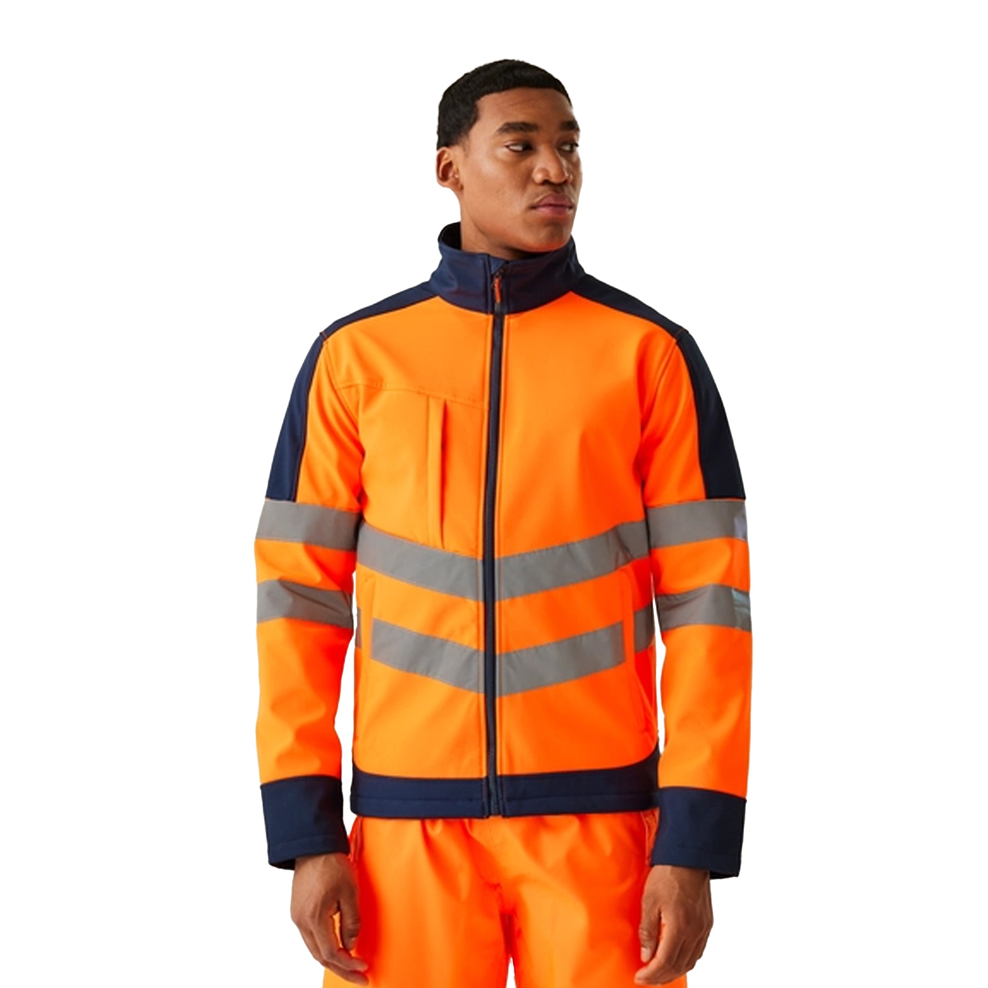 Orange-Navy - Side - Regatta Professional Unisex Adult Hi-Vis Reflective Soft Shell Jacket