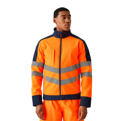 Orange-Navy - Side - Regatta Professional Unisex Adult Hi-Vis Reflective Soft Shell Jacket