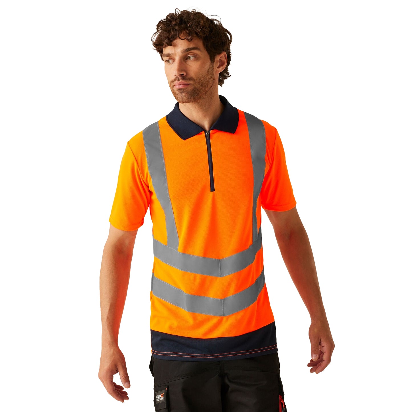 Orange-Navy - Side - Regatta Professional Mens Hi-Vis Reflective Polo Shirt