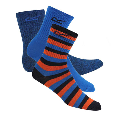 Navy-Hawaiian Blue-Amber Glow - Side - Regatta Childrens-Kids Outdoor Boot Socks Set (Pack of 3)