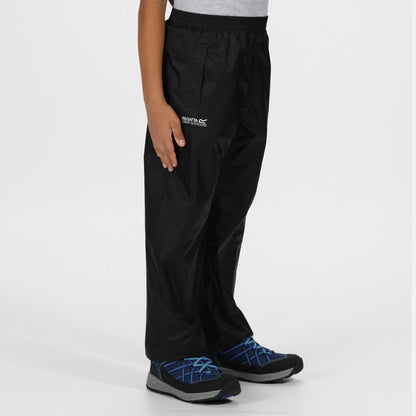 Black - Side - Regatta Great Outdoors Kids Boys Adventure Tech Pack It Waterproof Overtrousers