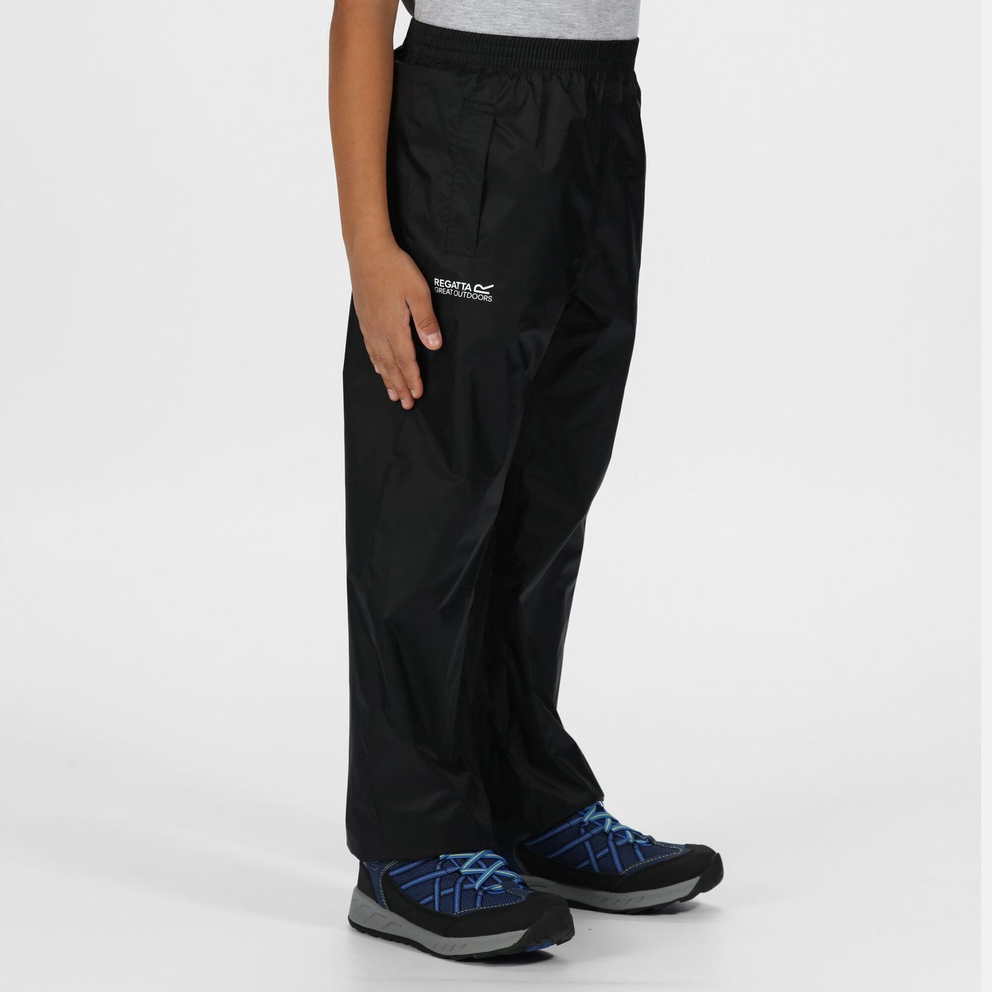 Black - Side - Regatta Great Outdoors Kids Boys Adventure Tech Pack It Waterproof Overtrousers