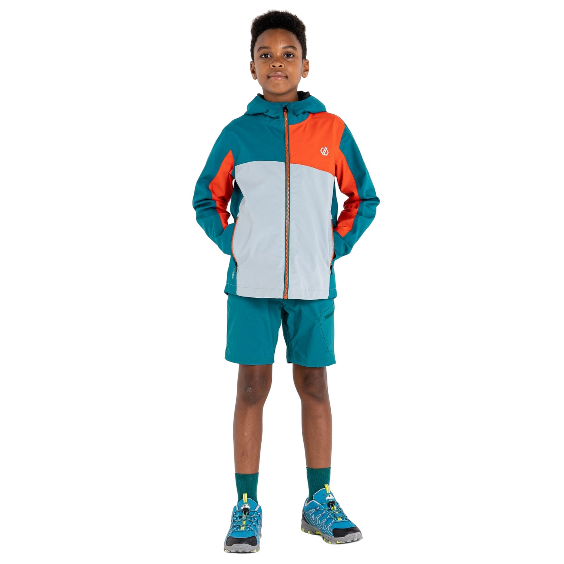 Fortune Green-Trail Blaze Orange - Close up - Dare 2B Childrens-Kids Explore Waterproof Jacket