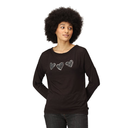 Black - Pack Shot - Regatta Womens-Ladies Carlene Hearts Long-Sleeved T-Shirt