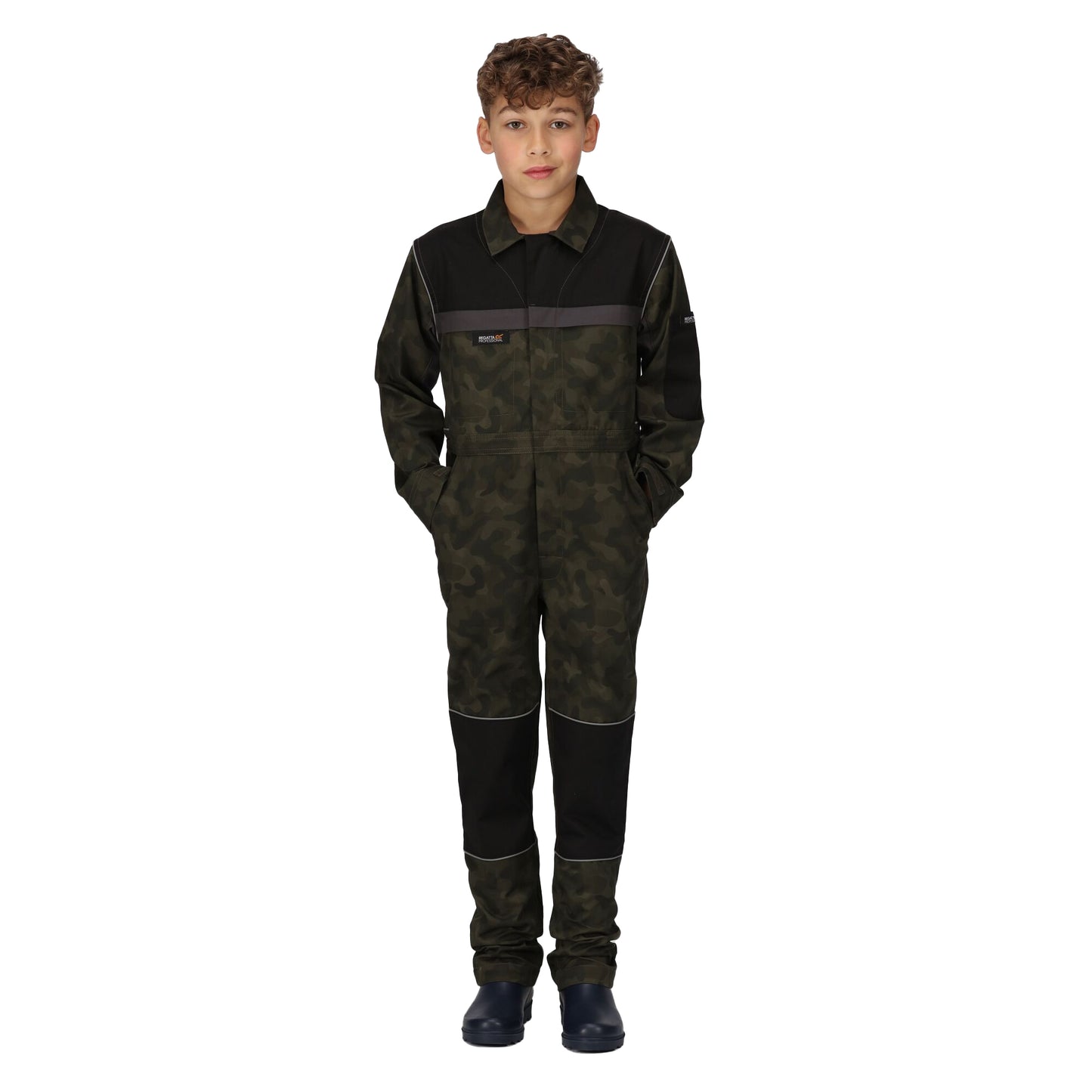 Green-Black - Side - Regatta Professional Childrens-Kids Camouflage Jumpsuit
