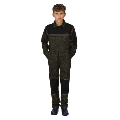 Green-Black - Side - Regatta Professional Childrens-Kids Camouflage Jumpsuit