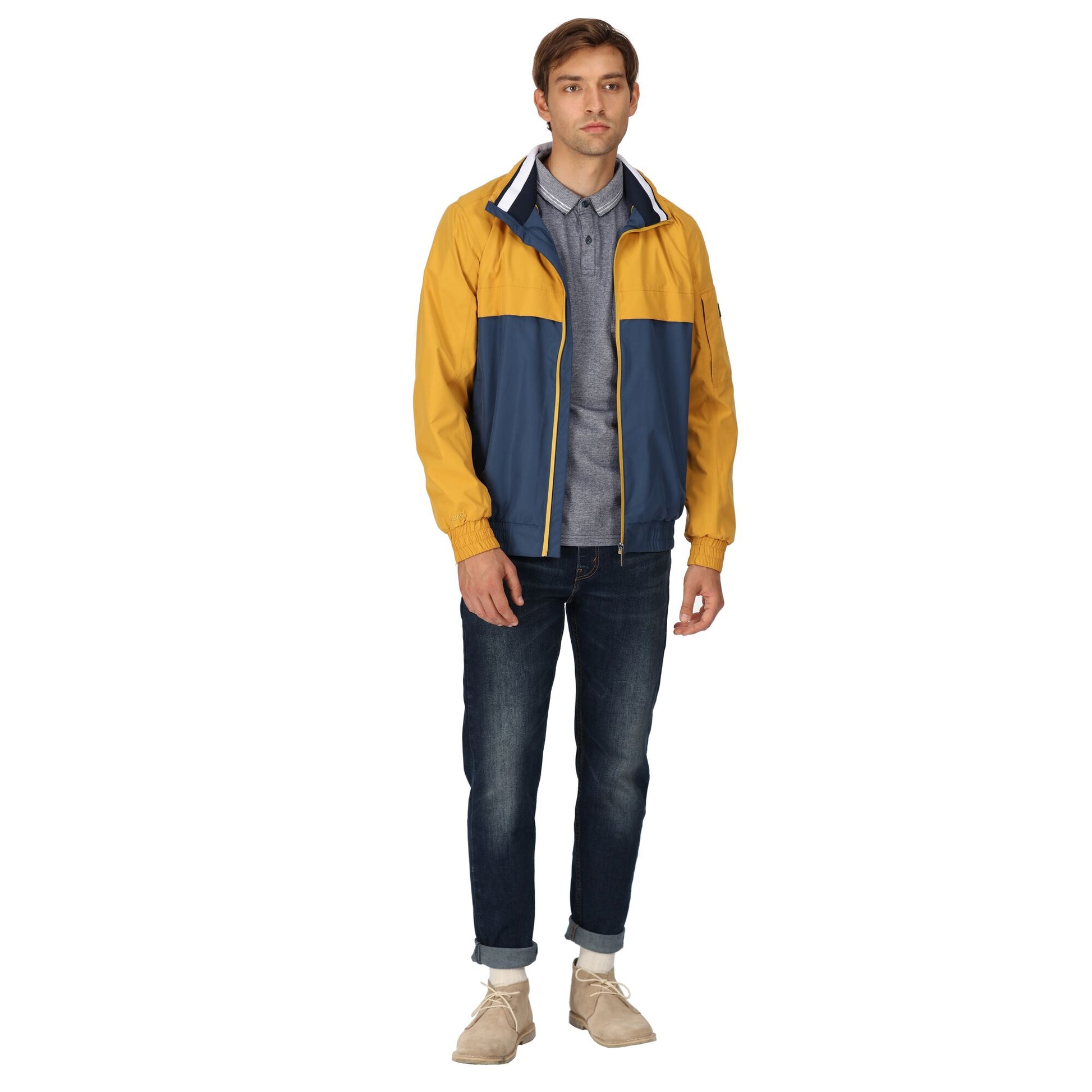 Gold Straw-Dark Denim - Pack Shot - Regatta Mens Shorebay Colour Block Waterproof Jacket