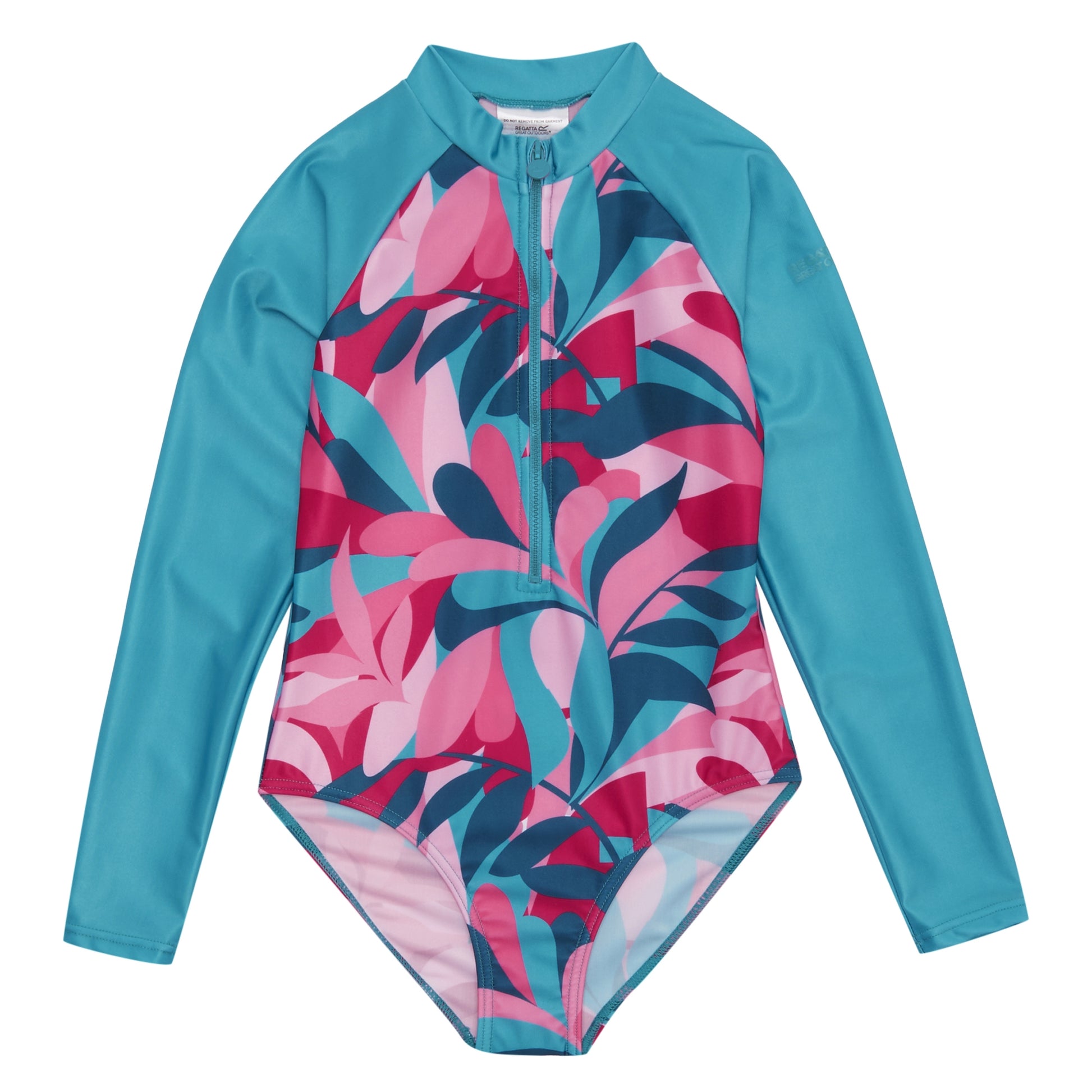 Tahoe Blue-Tropical - Front - Regatta Girls Tropical Leaves Long-Sleeved One Piece Swimsuit