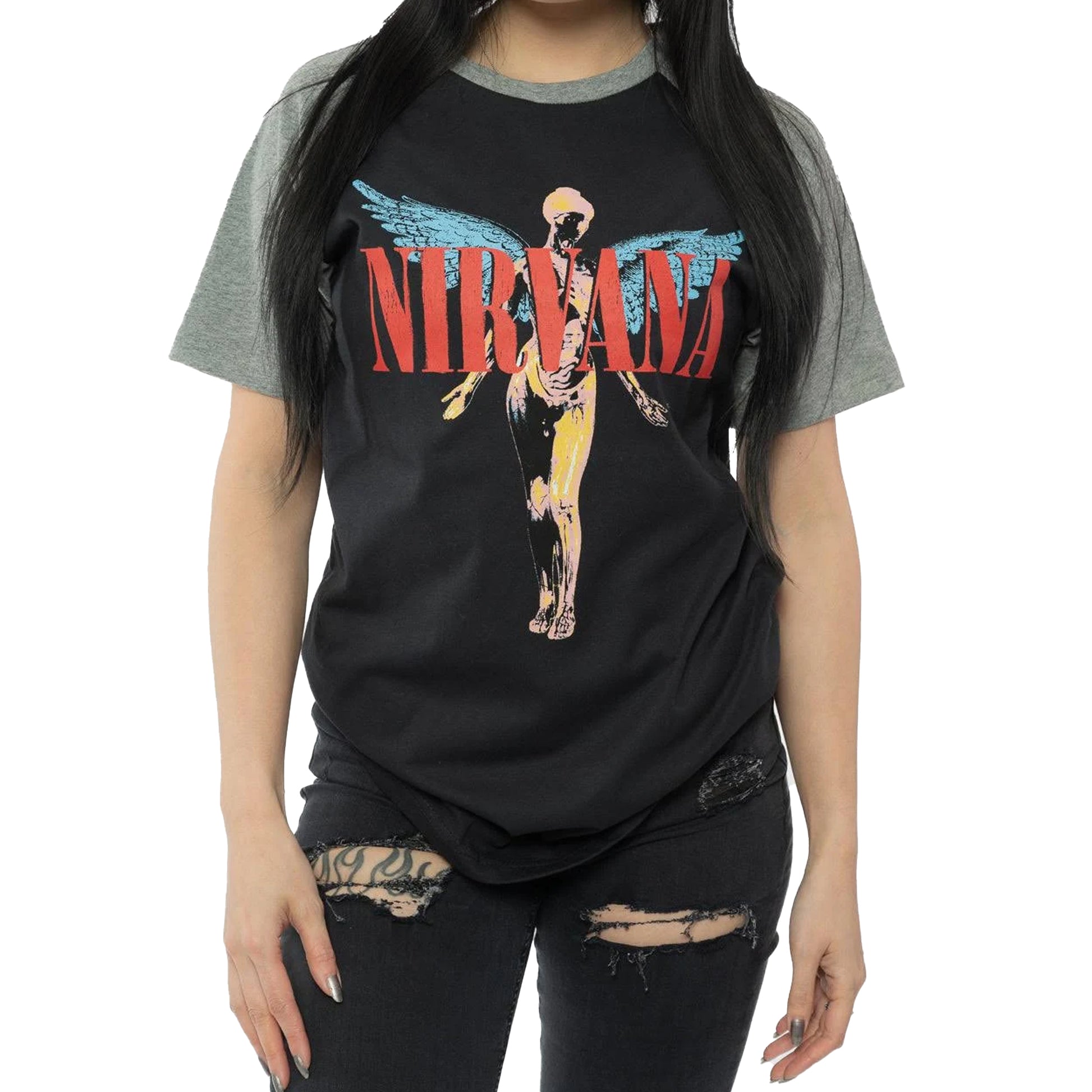 Black-Grey - Side - Nirvana Unisex Adult Angelic Raglan T-Shirt