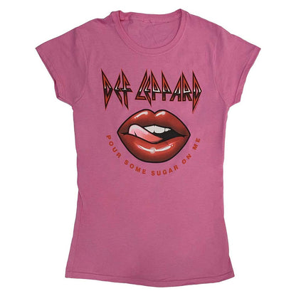 Pink - Front - Def Leppard Womens-Ladies Pour Some Sugar On Me Tour 2019 Lips Cotton T-Shirt