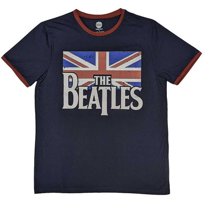Navy Blue - Front - The Beatles Unisex Adult Logo & Vintage Flag Cotton Ringer T-Shirt