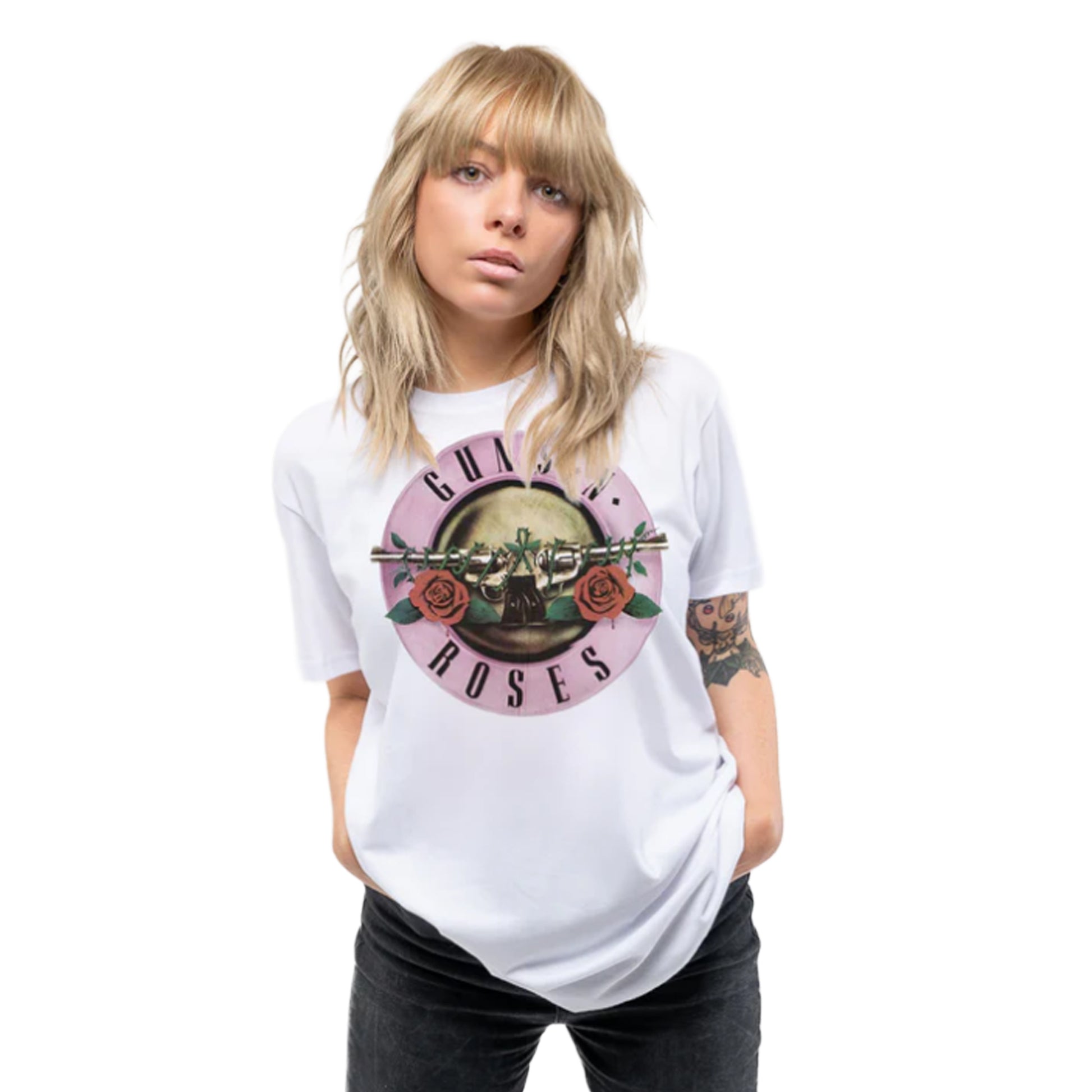 White - Side - Guns N Roses Womens-Ladies Classic Logo T-Shirt