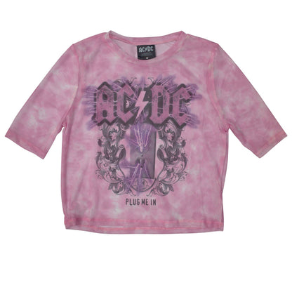 Pink - Front - AC-DC Womens-Ladies Plug Me In Mesh Short-Sleeved Crop Top
