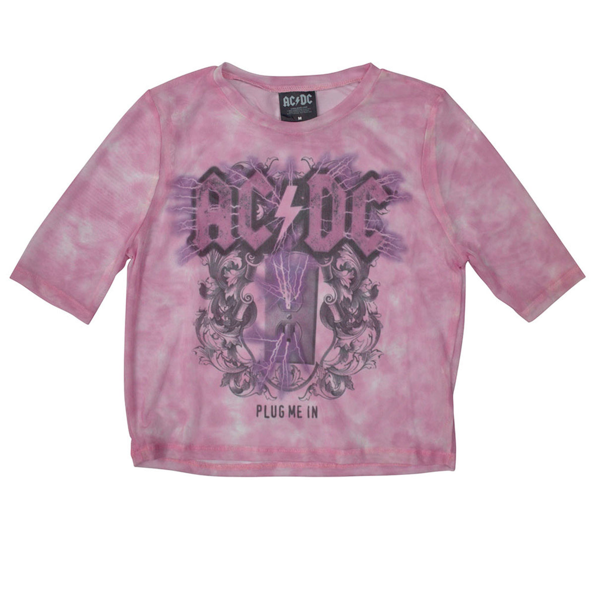 Pink - Front - AC-DC Womens-Ladies Plug Me In Mesh Short-Sleeved Crop Top