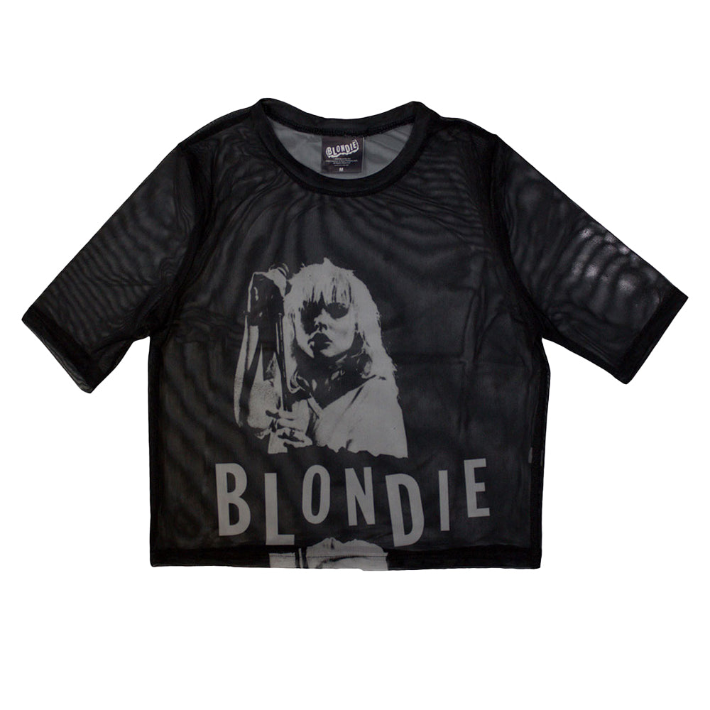 Black - Front - Blondie Womens-Ladies Mic Stand Mesh Short-Sleeved Crop Top